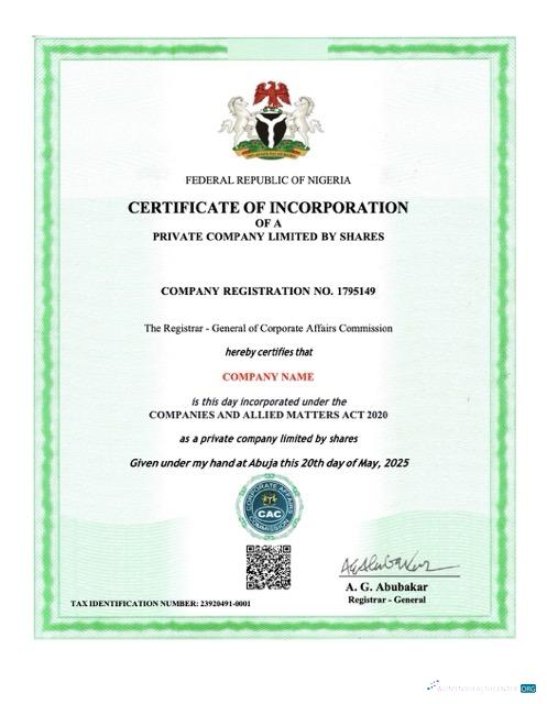 Download Nigeria certificate of incorporation Word and PDF template Photoshop template